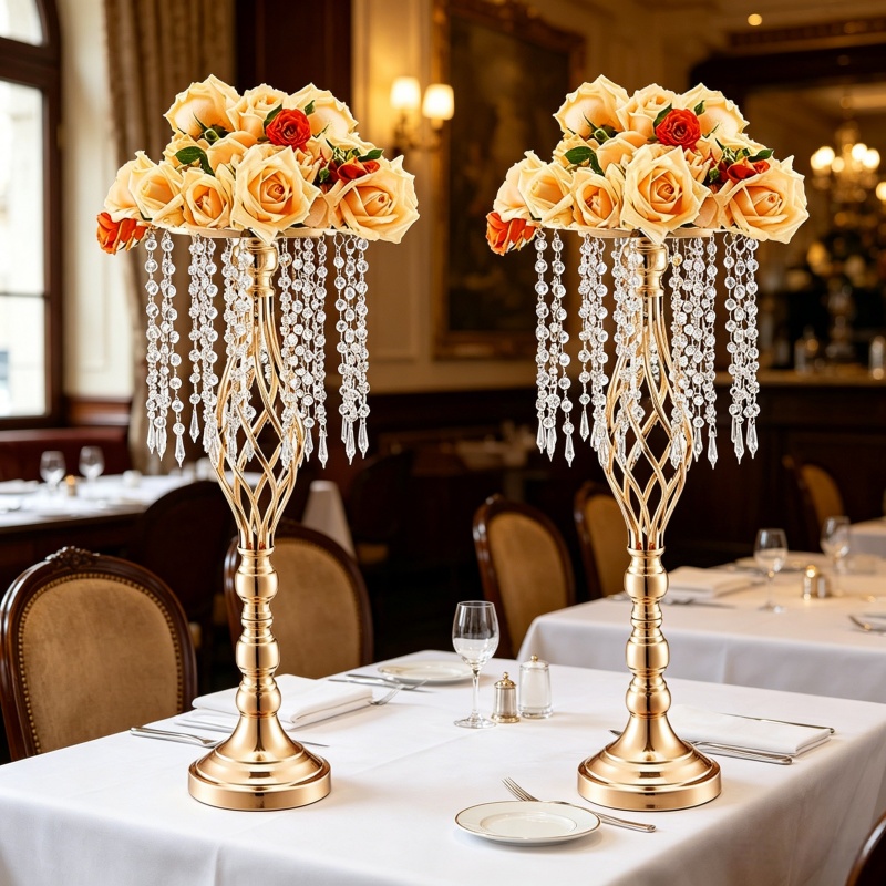 Florist Supply Vases - حامل زهور كريستالي ذهبي أنيق وطويل،